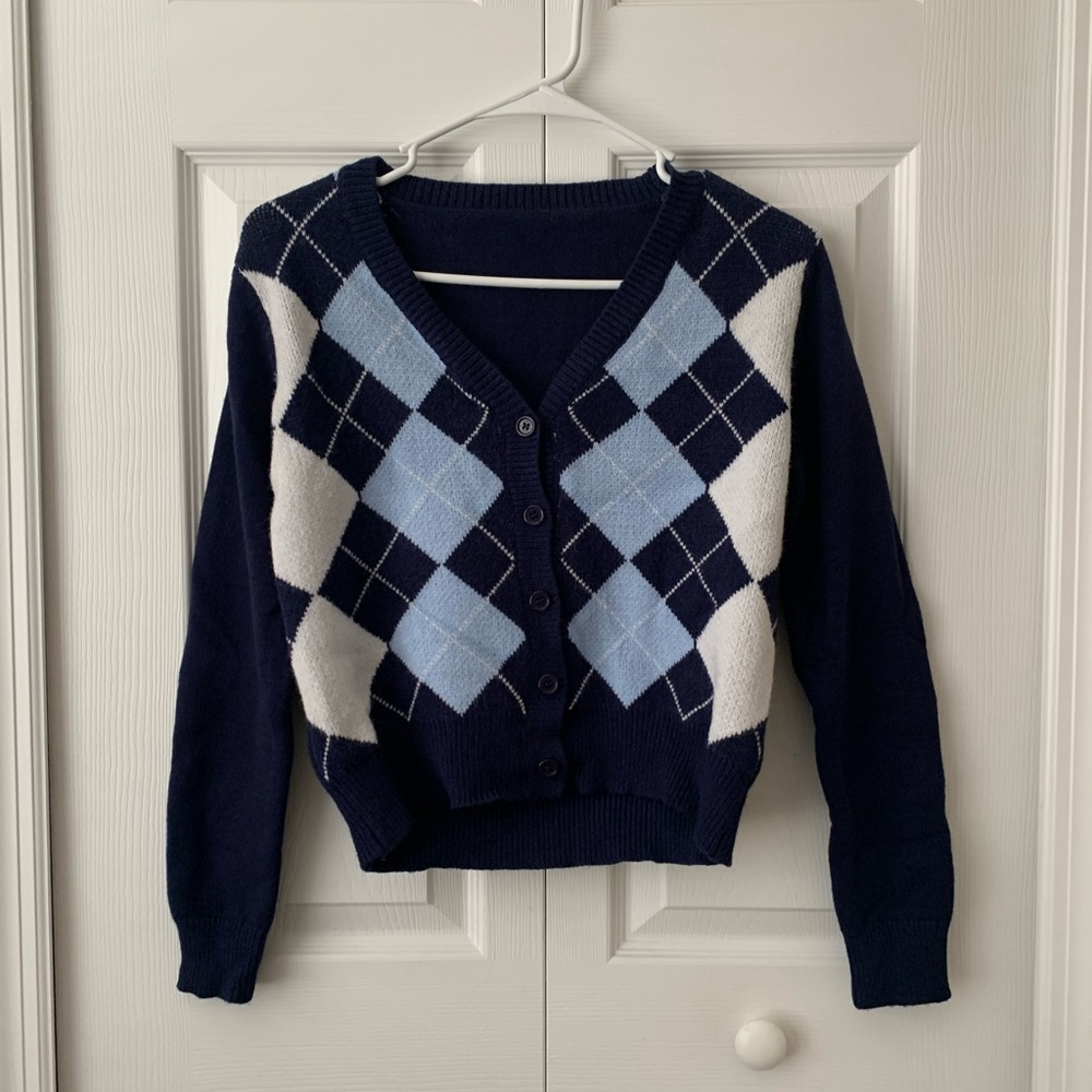 Blue argyle buttoned sweater